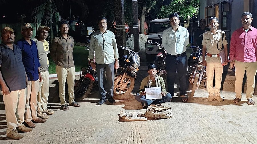 Forest department officials arrested a man who was illegally transporting chopped sandalwood in the forest area of Swamimalai block in Sandur of Ballari district on Wednesday.