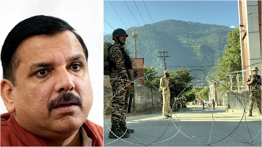 <div class="paragraphs"><p>Security personnel stand guard after tension escalated in the town following arrest of MLA Mehraj Malik, in Doda(L), AAP MP Sanjay Singh.</p></div>