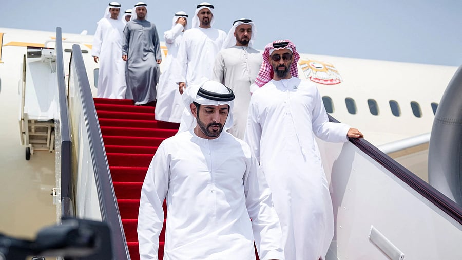 <div class="paragraphs"><p>Sheikh Hamdan bin Mohamed Al Maktoum, Crown Prince of Dubai, UAE Deputy Prime Minister and Minister of Defence and Sheikh Tahnoon bin Zayed Al Nahyan, Deputy Ruler of Abu Dhabi and UAE National Security Adviser, arrive at Doha International Airport, in Doha, Qatar.</p></div>