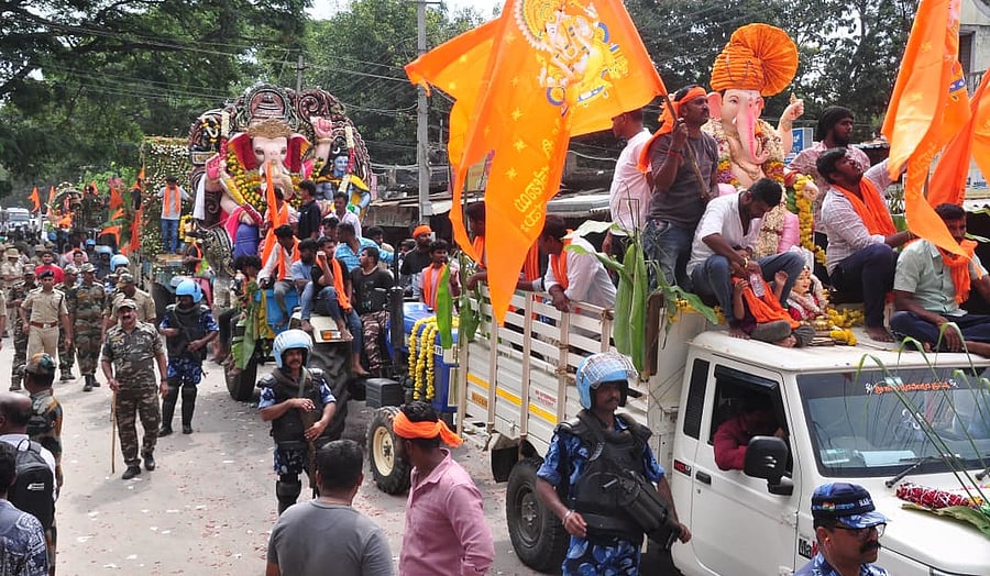 <div class="paragraphs"><p>A mass Ganesha idol immersion procession was held under tight police security in Maddur on Wednesday. </p></div>