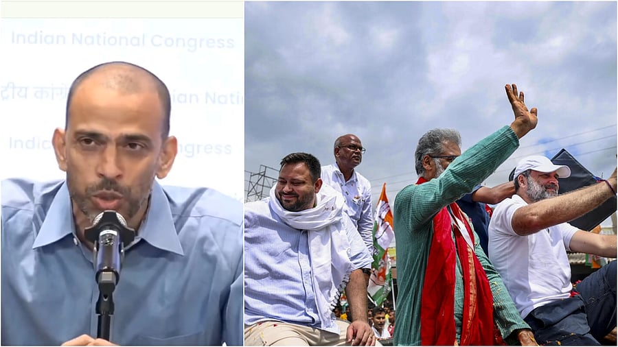 <div class="paragraphs"><p>Congress Bihar in-charge Krishna Allavaru(L), Rahul Gandhi, party Bihar President Rajesh Kumar, LoP in the state Assembly and RJD leader Tejashwi Yadav, and CPI (ML) General Secretary Dipankar Bhattacharya during the 'Voter Adhikar Yatra'.</p></div>