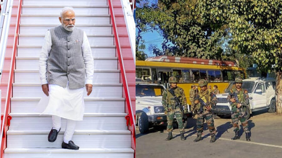 <div class="paragraphs"><p>PM Modi (L) and a file photo showing security forces in Manipur (R).</p></div>