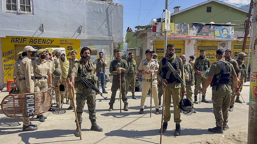 <div class="paragraphs"><p>Security personnel deployed to maintain law and order in view of the protests against the detention of AAP MLA Mehraj Malik under the Public Safety Act, in Doda district, Jammu and Kashmir.</p></div>