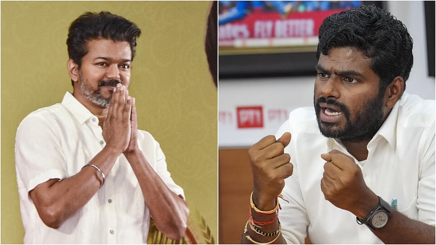 <div class="paragraphs"><p>Actor-turned-politician Vijay (L); BJP leader Annamalai (R). </p></div>