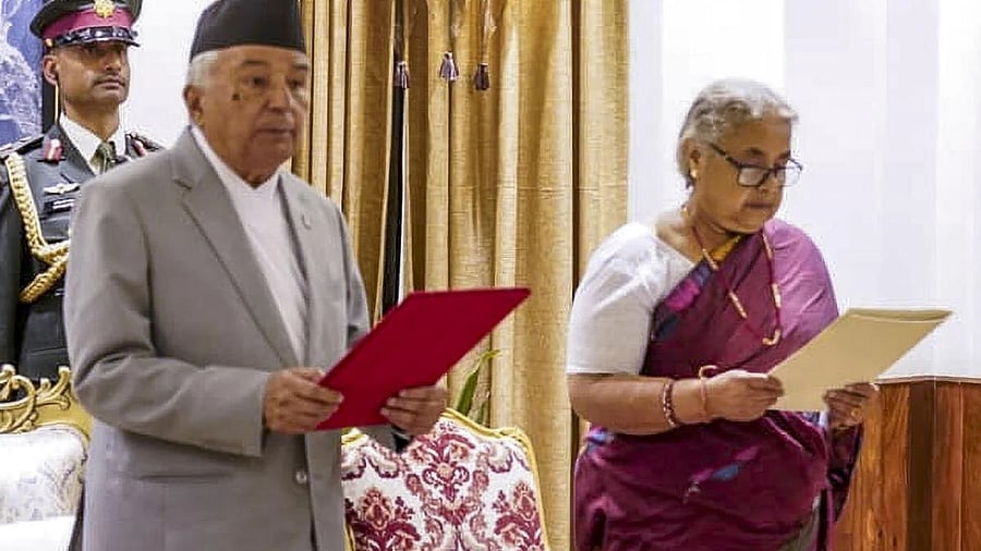 <div class="paragraphs"><p>Nepal's President Ramchandra Paudel administers the oath of office to Sushila Karki as Prime Minister during a ceremony at the President's residence, in Kathmandu, Nepal.</p></div>