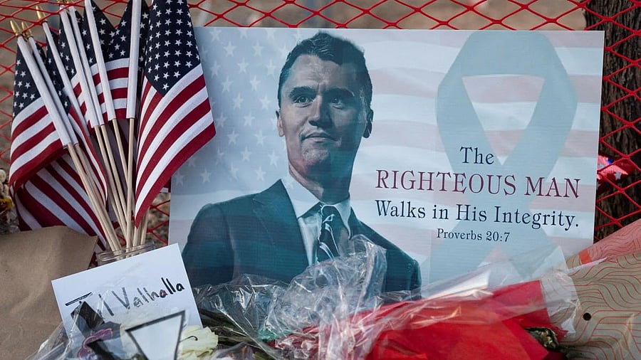 <div class="paragraphs"><p>A poster of conservative activist Charlie Kirk displayed at a memorial at the Turning Point USA headquarters in Phoenix, Arizona, U.S.</p></div>