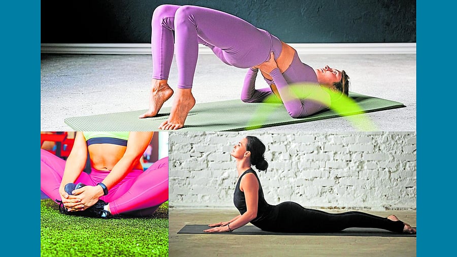 <div class="paragraphs"><p>Clockwise: Bridge pose, Copra pose, Butterfly pose</p></div>