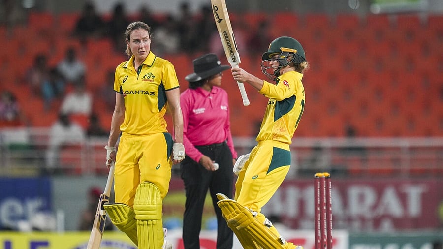 <div class="paragraphs"><p>Australia's Phoebe Litchfield, right, celebrates her half century with Ellyse Perry during the first ODI cricket match between India Women and Australia Women, in New Chandigarh.</p></div>