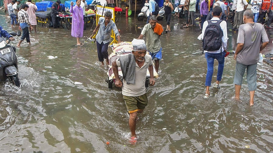 <div class="paragraphs"><p>A man pulls a cart in a waterlogged area following rainfall, in Mumbai.</p></div>