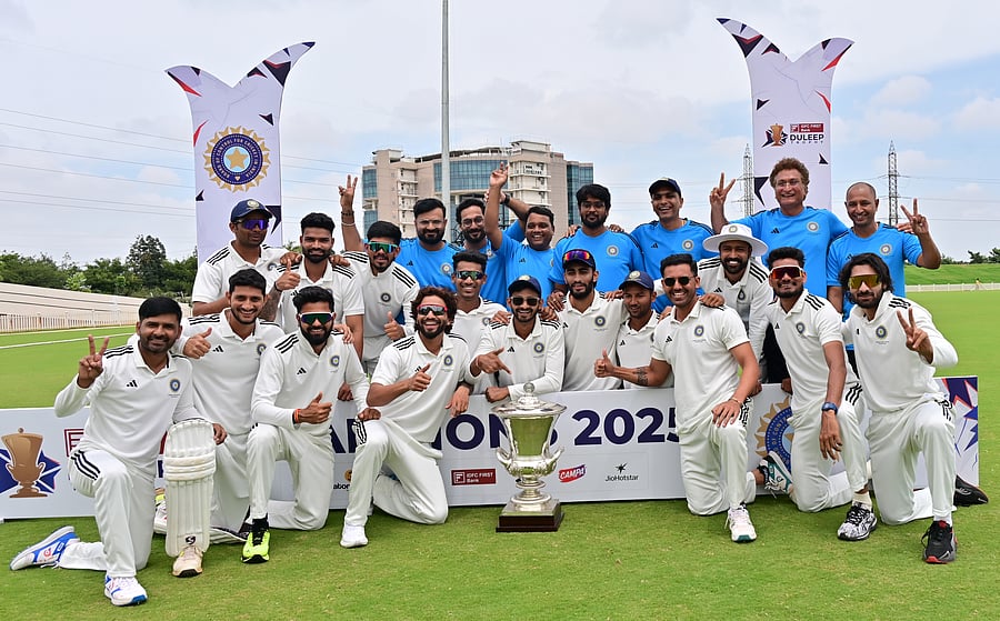 Central Zone celebrate after winning the Duleep Trophy title at the BCCI's Centre of Excellence in Bengaluru on Monday. DH PHOTO/ Prashanth HG