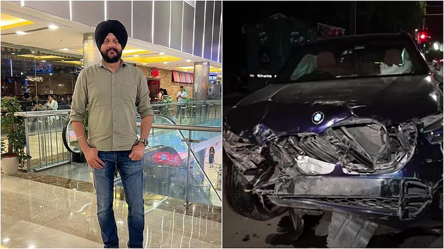 <div class="paragraphs"><p>A photo from the family album of Navjot Singh, Deputy Secretary in the Department of Economic Affairs, Ministry of Finance, who was killed after a BMW allegedly hit his motorcycle (L), wreckage of a BMW car lies on a road after an accident.</p></div>