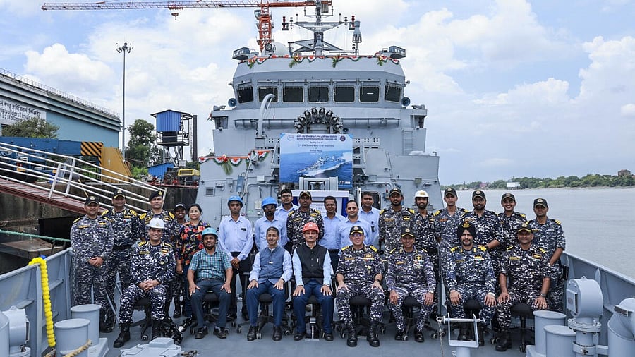 <div class="paragraphs"><p>In this image received on Sept. 14, 2025, officials of the Indian Navy and Garden Reach Shipbuilders and Engineers (GRSE) during the handing over ceremony of 'Androth', second of the eight ASW SWCs (Anti-Submarine Warfare Shallow Water Craft) being built by GRSE, in Kolkata. </p></div>