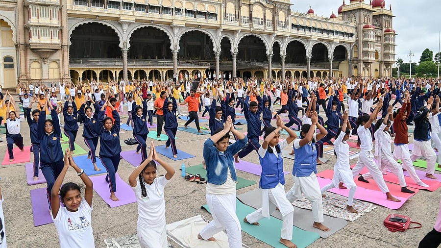 <div class="paragraphs"><p>Students performing Yoga at Mysuru Palace premises during Yoga Dhanush event held as part of 11th International Yoga day in July. </p></div>