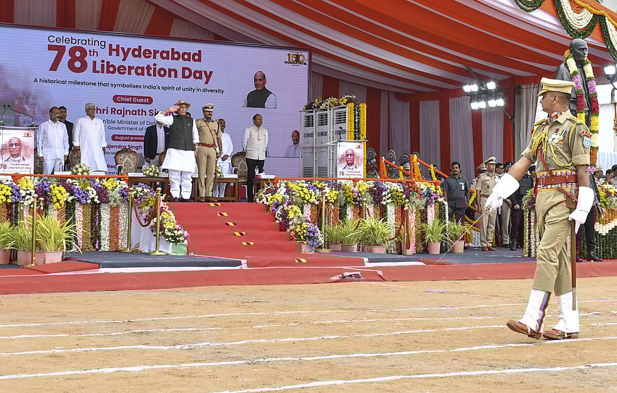 <div class="paragraphs"><p>Defence Minister Rajnath Singh during the 78th Hyderabad Liberation Day celebrations in Secunderabad, Telangna, on Wednesday.</p></div>