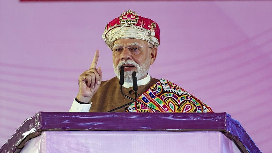 <div class="paragraphs"><p>Prime Minister Narendra Modi addresses the gathering during the foundation stone laying ceremony of the PM MITRA Park and inauguration of various campaigns, in Dhar, Madhya Pradesh.</p></div>