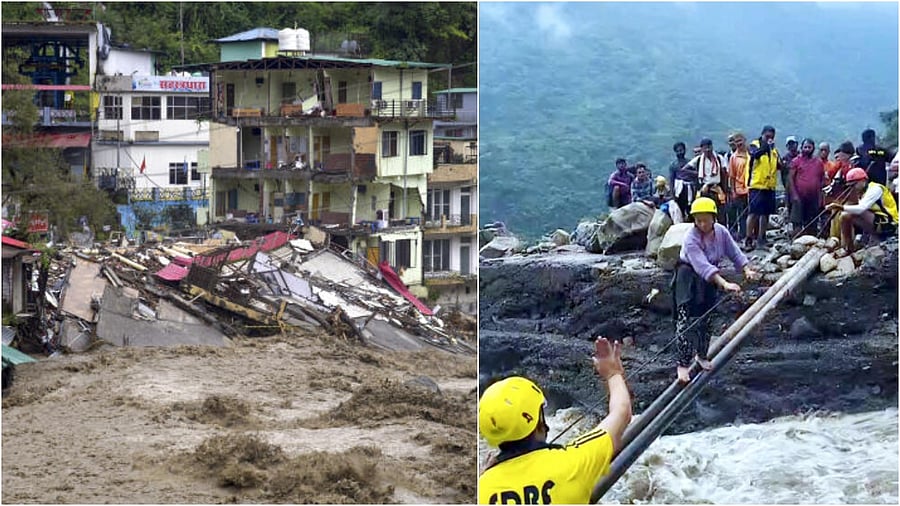 <div class="paragraphs"><p>Houses near the river lie in ruins after a downpour triggered a cloudburst and landslides(L), SDRF personnel rescue people from an affected area after a cloudburst, in Dehradun.</p></div>