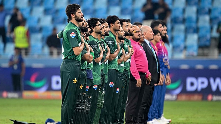 <div class="paragraphs"><p>Both Pakistan and UAE players line up for national anthems before the start of the Asa Cup tie.</p></div>