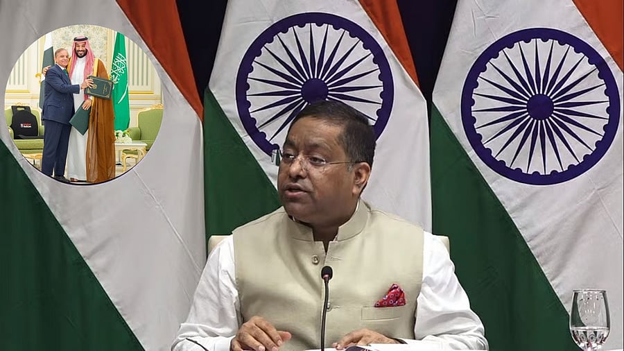 <div class="paragraphs"><p>External Affairs Ministry spokesperson Randhir Jaiswal in pic, (Inset) Saudi Crown Prince Mohammed bin Salman and Pakistan Prime Minister Shehbaz Sharif.</p></div>