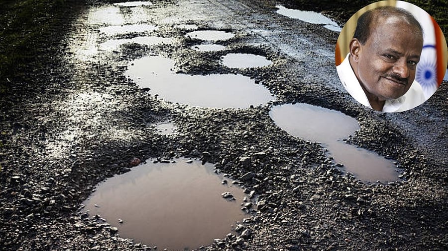 <div class="paragraphs"><p>Representative image of potholes. Inset: Union Minister H D Kumaraswamy</p></div>