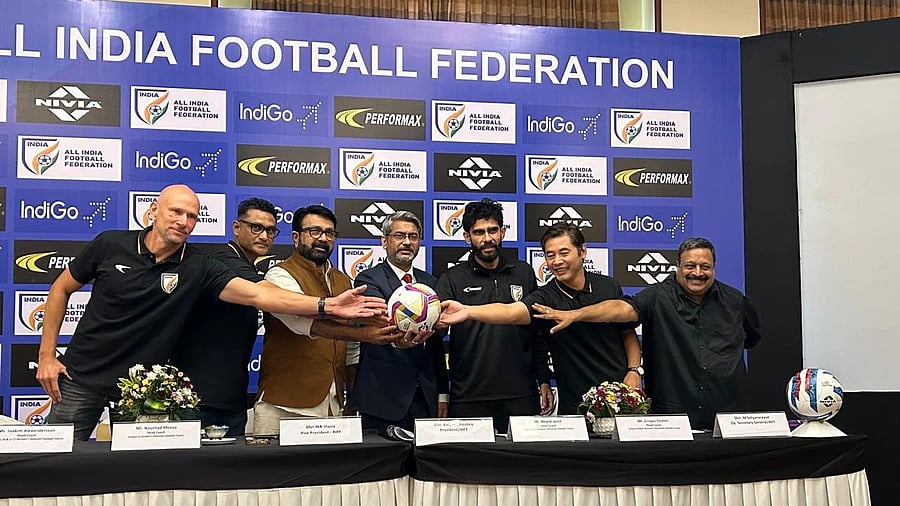 From left: Joakim Alexandersson (U-20 & U-17 women's team head coach), Naushad Moosa (U-23 men's team head coach), NA Haris (AIFF vice president), Kalyan Chaubey (AIFF president), Khalid Jamil senior men's head coach), Crispin Chettri (senior women's head coach), M Satyanarayan (AIFF deputy secretary). Sports Paddock