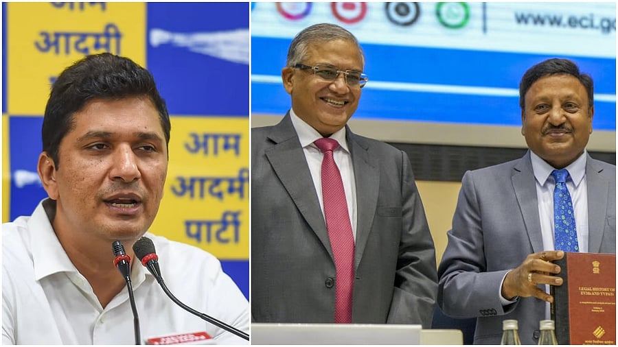 <div class="paragraphs"><p>Saurabh Bharadwaj(L), Former CEC Rajiv Kumar with his successor Gyanesh Kumar </p></div>