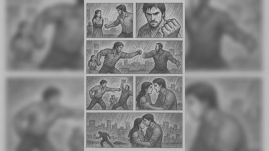 <div class="paragraphs"><p>DH generated a storyboard on ChatGPT. The prompt was: Create a storyboard of a shot for a romantic Bollywood film where the hero is fighting the villain to save the heroine.</p></div>