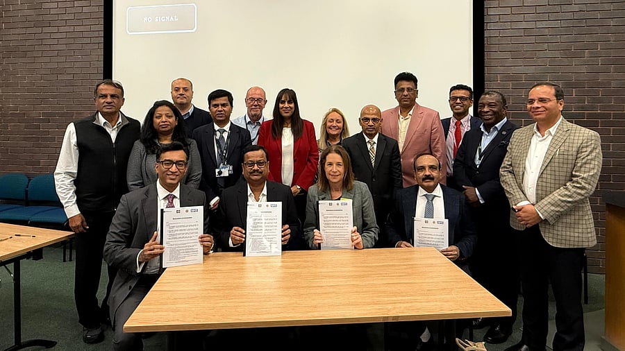 A delegation from Karnataka was in the UK recently, for the signing of MoUs with universities there. Seen in the picture are Higher Education Minister Dr M C Sudhakar, Medical Education Minister Dr Sharan Prakash Patil, Dr Bhagawan B C, Vice Chancellor of the Rajiv Gandhi University of Health Sciences, Vice Chancellor of Bangalore University Dr Jayakara S M, officials from UK universities and others.