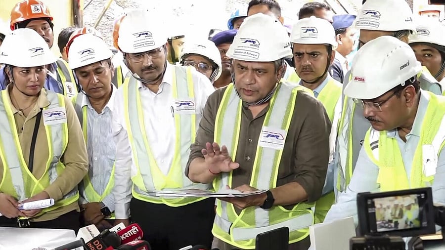 <div class="paragraphs"><p>Railways Minister Ashwini Vaishnaw addresses the media during inspection of Mumbai-Ahmedabad high speed rail project work, in Mumbai, Saturday.</p></div>