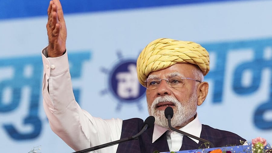 <div class="paragraphs"><p>Prime Minister Narendra Modi addresses the gathering during the 'Samudra se Samruddhi' event at Gandhi Maidan, in Bhavnagar, Gujarat.</p></div>