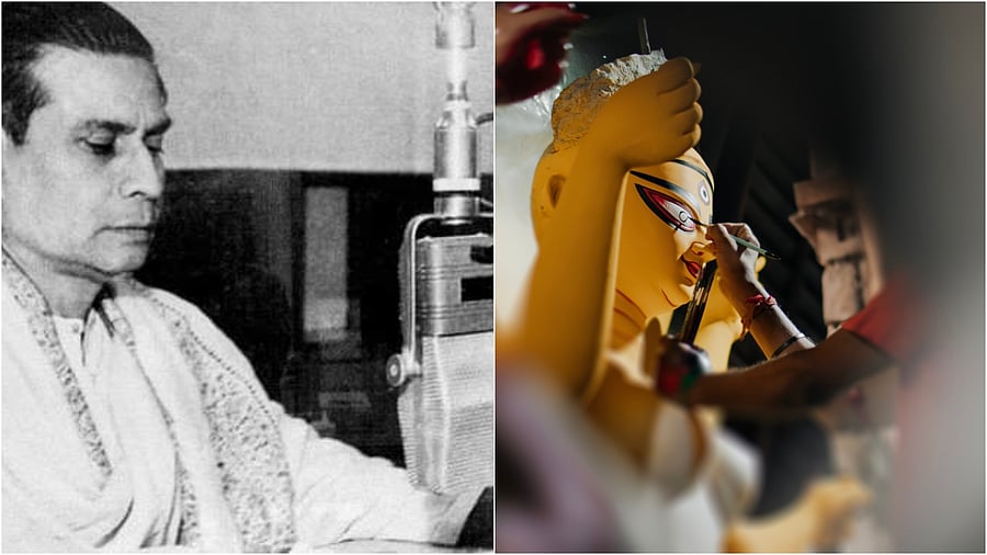 <div class="paragraphs"><p>Birendra Krishna Bhadra during his recording of Mahishasur Mardini at AIR Kolkata, an idol maker painting eyes of the Goddess.</p></div>