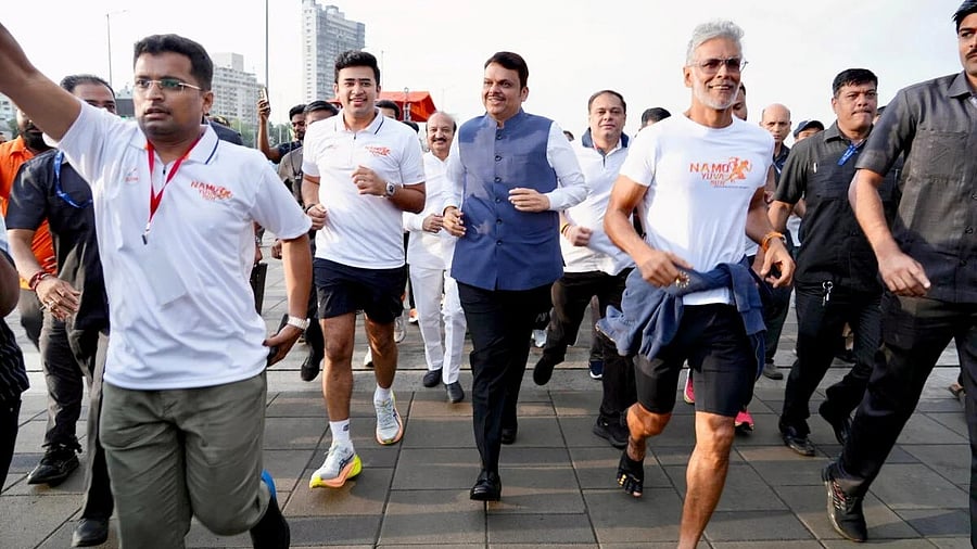 <div class="paragraphs"><p>Maharashtra Chief Minister Devendra Fadnavis, Bharatiya Janata Yuva Morcha National President and MP Tejasvi Surya, actor Milind Soman and others takes part in the 'Namo Yuva Run: For A Nasha Mukt Bharat’, in Mumbai.</p></div>