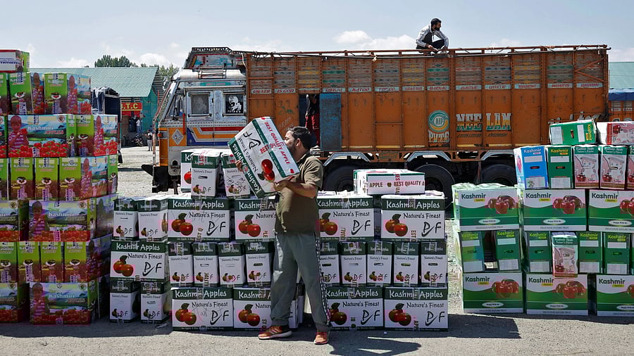 A fruit grower carries a box of fresh apples at a fruit market as a truck is loaded with apples along the Jammu-Srinagar National Highway, after the highway road was closed following landslide and floods, in Bijbehara town, Anantnag district, in Indian Kashmir, September 10, 2025. REUTERS/Sharafat Ali