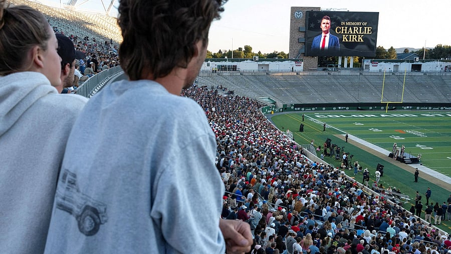 <div class="paragraphs"><p>An image of slain conservative activist Charlie Kirk is displayed on a screen as Turning Point USA hosts a vigil for him at Colorado State University, on what was supposed be the next stop on his speaking tour, in Fort Collins, Colorado, US. </p></div>