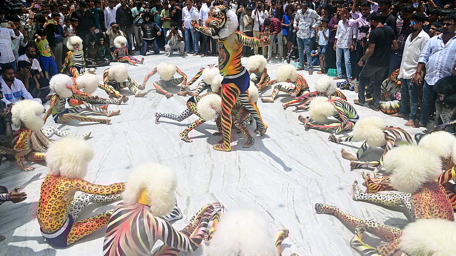 <div class="paragraphs"><p>Tiger dancers perform during Navaratri festivities at Kudroli Gokarnanatha Temple on Monday. </p></div>