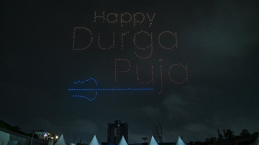 <div class="paragraphs"><p>An illuminated view from the drone show ahead of the 'Durga Puja' festival, in Kolkata.</p></div>