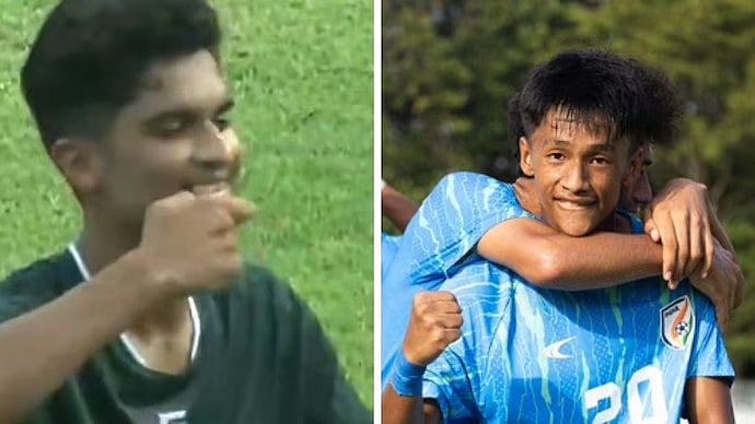 <div class="paragraphs"><p>A combo picture of Muhammad Abdullah's tea-sipping gesture and India's celebration after the match.</p></div>