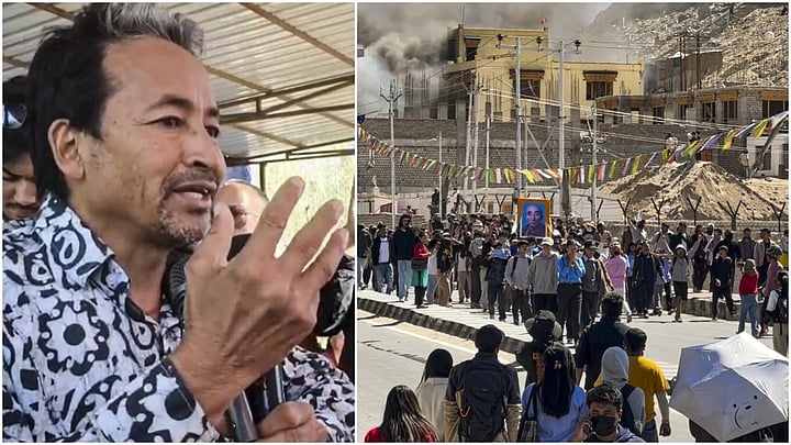 <div class="paragraphs"><p>Activist Sonam Wangchuk(L), People gather outside the burning BJP office building after it was set ablaze by protesters during a demonstration demanding statehood for Ladakh (R).</p></div>