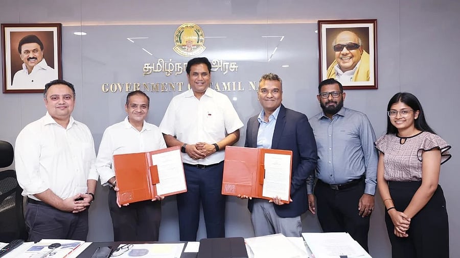 <div class="paragraphs"><p>Tamil Nadu Industries Minister T R B Raaja with senior officials of Reliance Consumer Products Limited on Wednesday. </p></div>