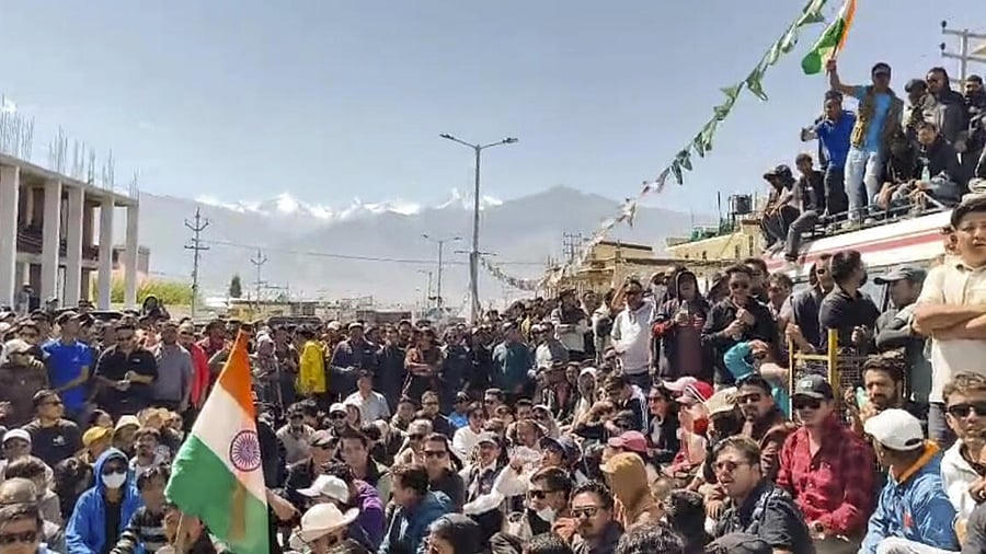 <div class="paragraphs"><p>People protest over the statehood demand and the inclusion of Ladakh under the Sixth Schedule, in Leh, Ladakh.</p></div>