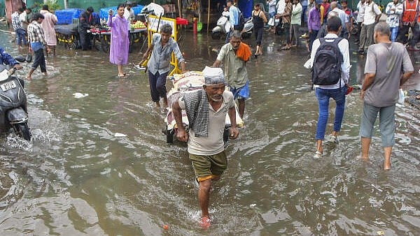 <div class="paragraphs"><p>A man pulls a cart in a waterlogged area following rainfall, in Mumbai</p></div>