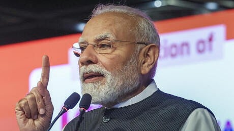 <div class="paragraphs"><p>Prime Minister Narendra Modi addresses the gathering during the inauguration of ‘Uttar Pradesh International Trade Show 2025’, in Greater Noida, Gautam Buddha Nagar district.</p></div>