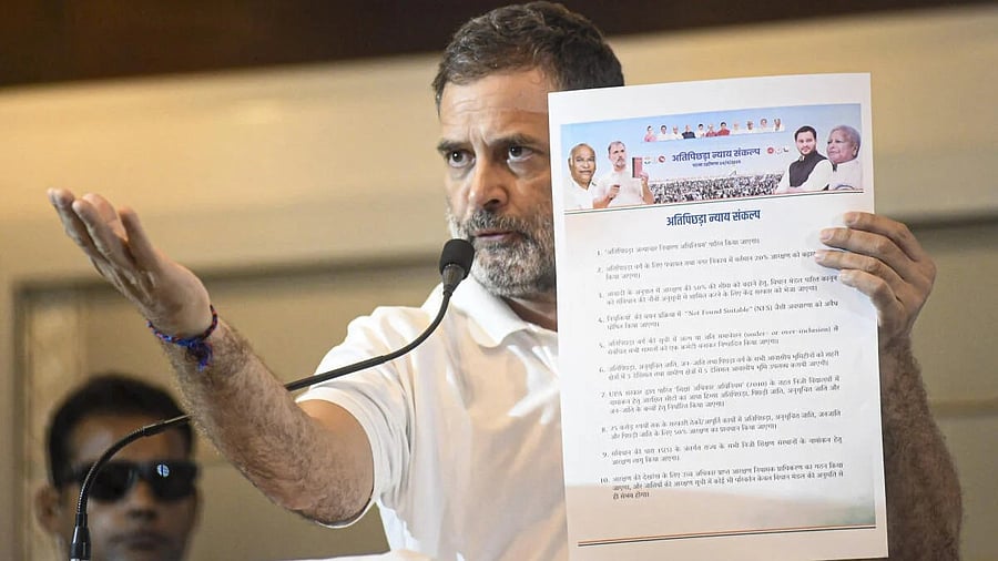 <div class="paragraphs"><p>Congress leader Rahul Gandhi addressing a gathering during the launch of the manifesto for the Extremely Backward Classes in Patna on Wednesday.</p></div>