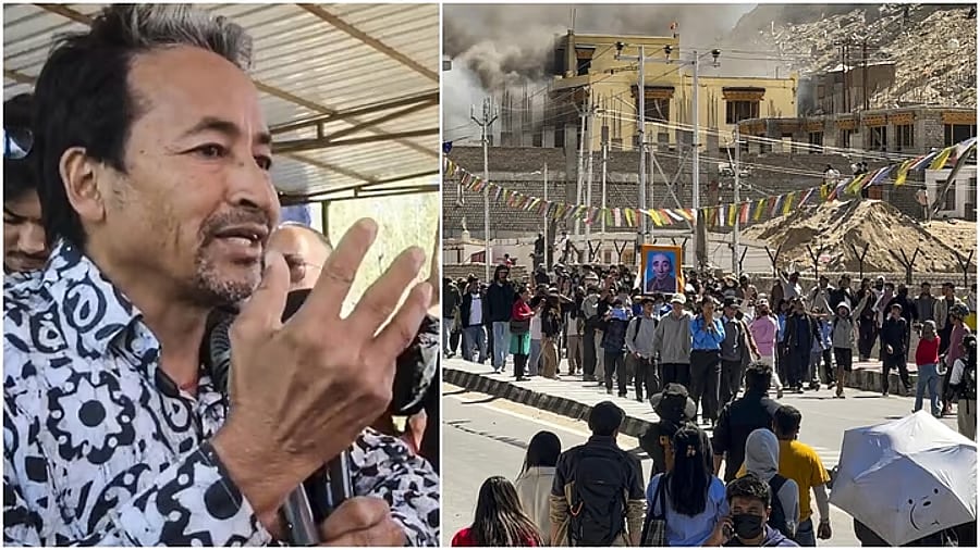 <div class="paragraphs"><p>Activist Sonam Wangchuk(L), People gather outside the burning BJP office building after it was set ablaze by protesters during a demonstration demanding statehood for Ladakh (R).</p></div>