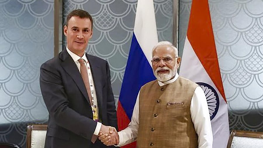 <div class="paragraphs"><p>In this image posted on Sept. 25, 2025, Prime Minister Narendra Modi with Russia Deputy Prime Minister Dmitry Patrushev during a meeting, in New Delhi.</p></div>
