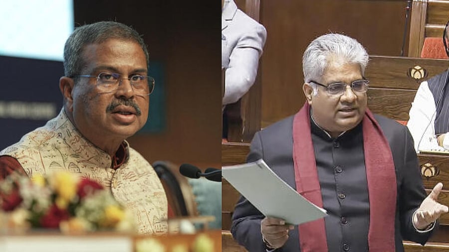 <div class="paragraphs"><p>Union Minister of Education Dharmendra Pradhan (L) and Union Minister of Environment Bhupender Yadav (R).</p></div>