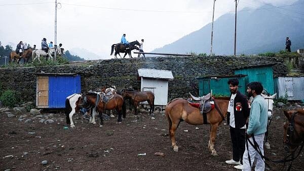 <div class="paragraphs"><p>People offering pony rides wait for tourists at a local pony stand in Pahalgam</p></div>