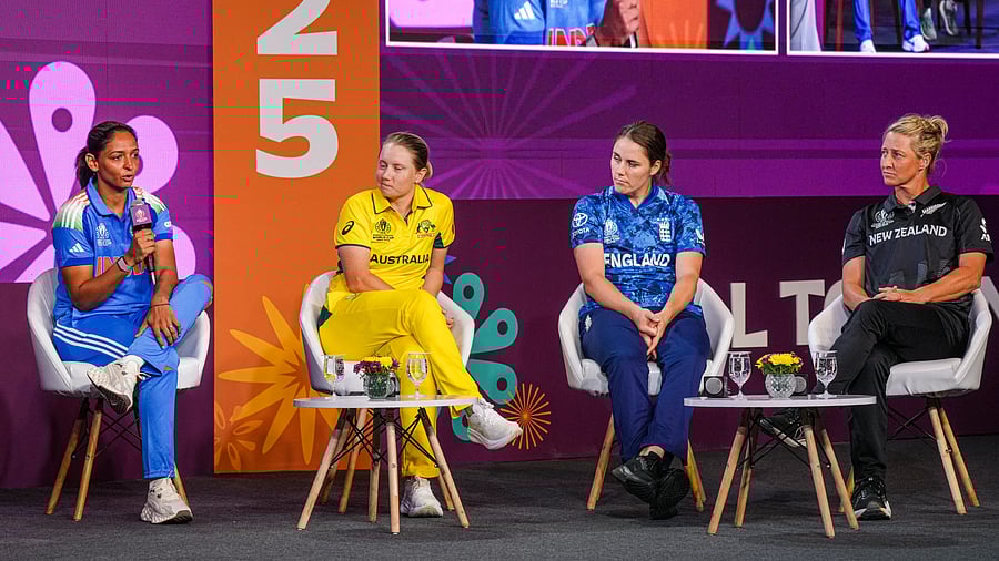 <div class="paragraphs"><p>From left: Harmanpreet Kaur, Alyssa Healy, Nat Sciver-Brunt and Sophie Devine at a panel discussion as part of Captains’ Day ahead of the ICC Women’s Cricket World Cup in Bengaluru on Friday. </p></div>