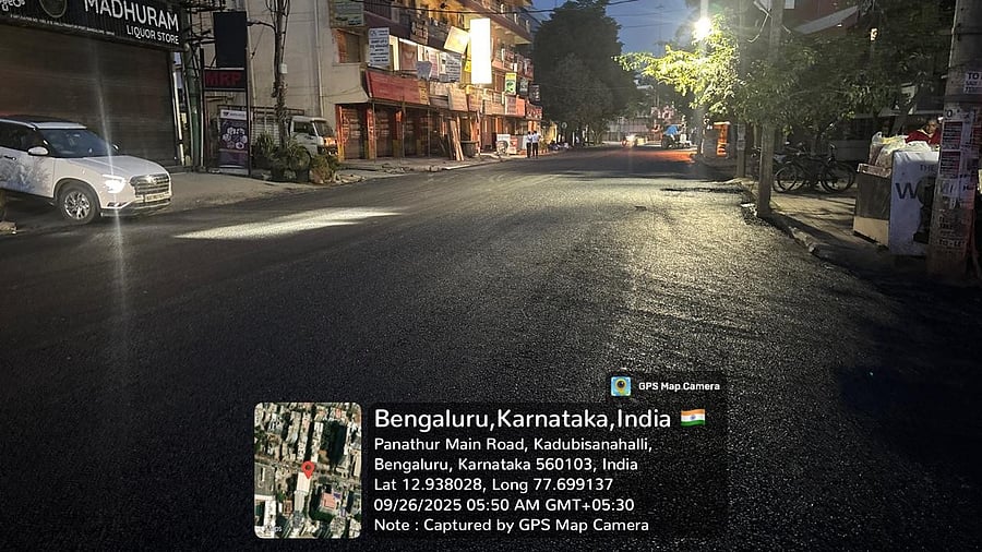 Freshly laid asphalt on Panathur Road.