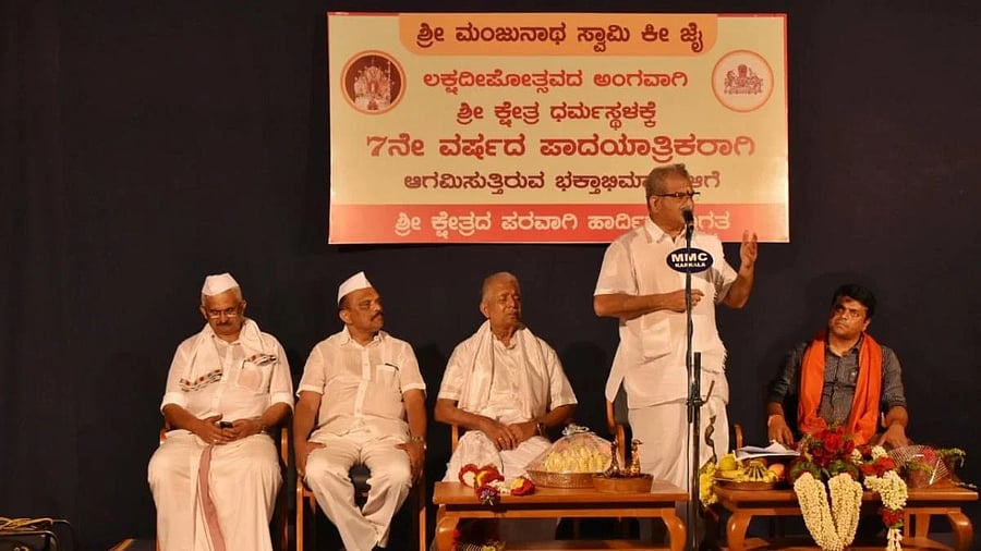 <div class="paragraphs"><p>Dharmasthala Dharmadhikari D Veerendra Heggade addressing the devotees, in Dharmasthala</p></div>
