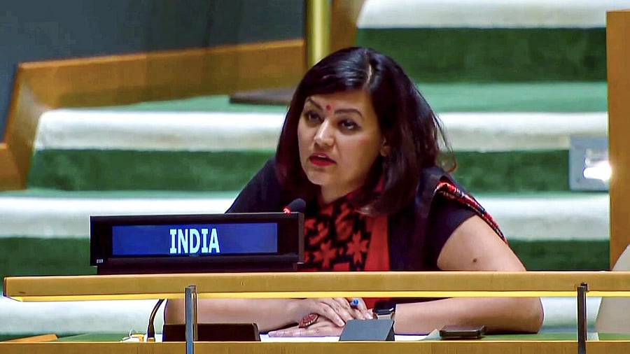 <div class="paragraphs"><p>First Secretary in India’s Permanent Mission to the UN Petal Gahlot speaks as she delivers India’s Right of Reply in the UN General Assembly, in New York, Saturday, Sept. 27, 2025.</p></div>